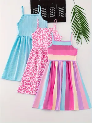 3pcs Chic Girls' Cami Dress Set - Leopard & Stripes, Soft Stretch Fabric, Sleeveless Summer Outfits for Holidays & Parties