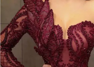 arabic aso ebi burgundy lace beaded evening dresses mermaid sheer neck prom dresses long sleeves formal party second reception gowns