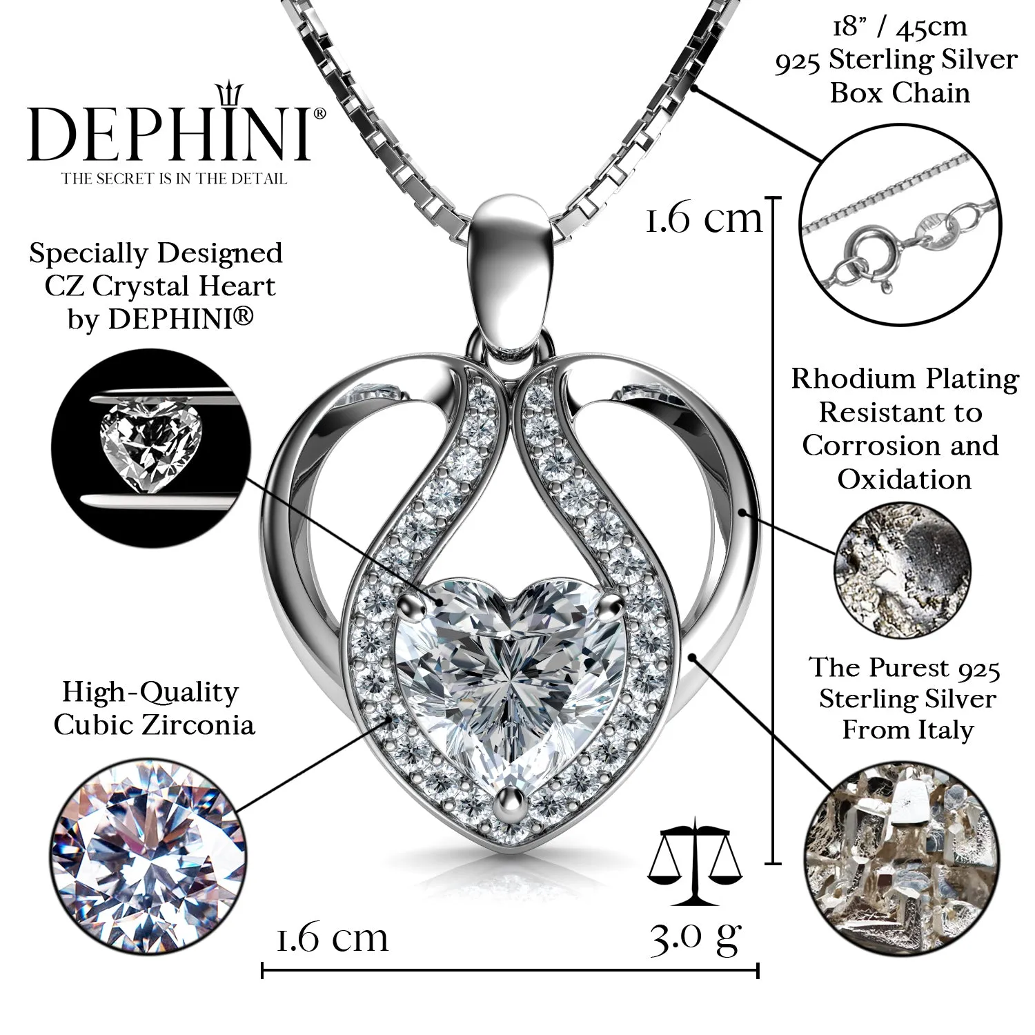 DEPHINI - Cute Necklace - 925 Sterling Silver Heart - Luxury Gift