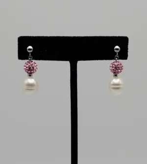 Honora - Vintage Pearl and Pink Rhinestones Sterling Silver Dangle Earrings