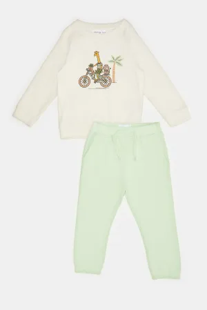 Infant Boys Cream And Mint Printed Jogger Suit (2 Piece)