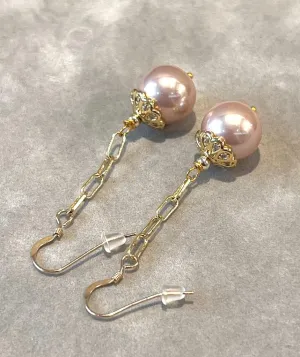 Long Gold Pink Pearl Earrings