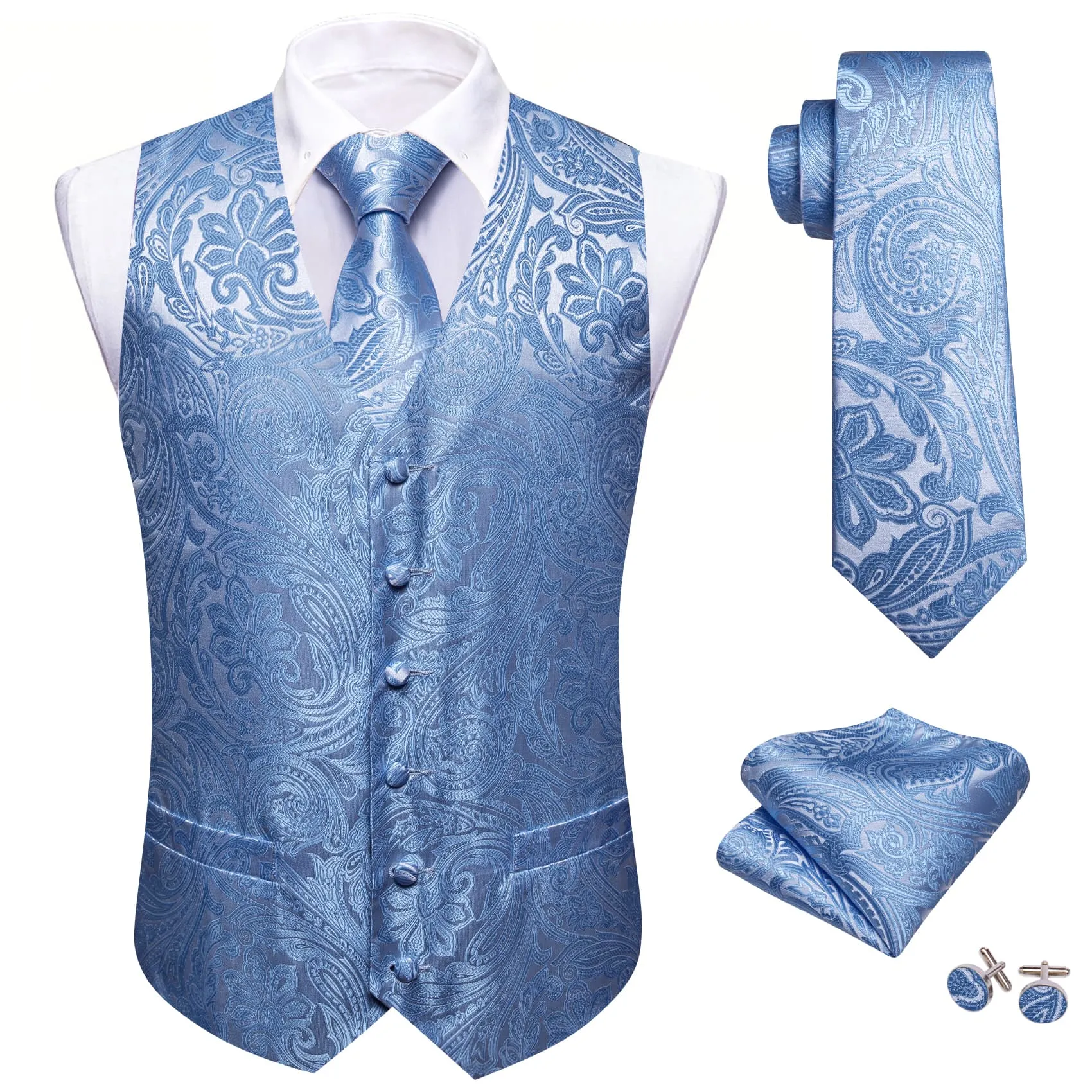 Ties2you Vest for Men Dark Pastel Blue Floral Silk Button Vest Tie Pocket Square Cufflinks Set