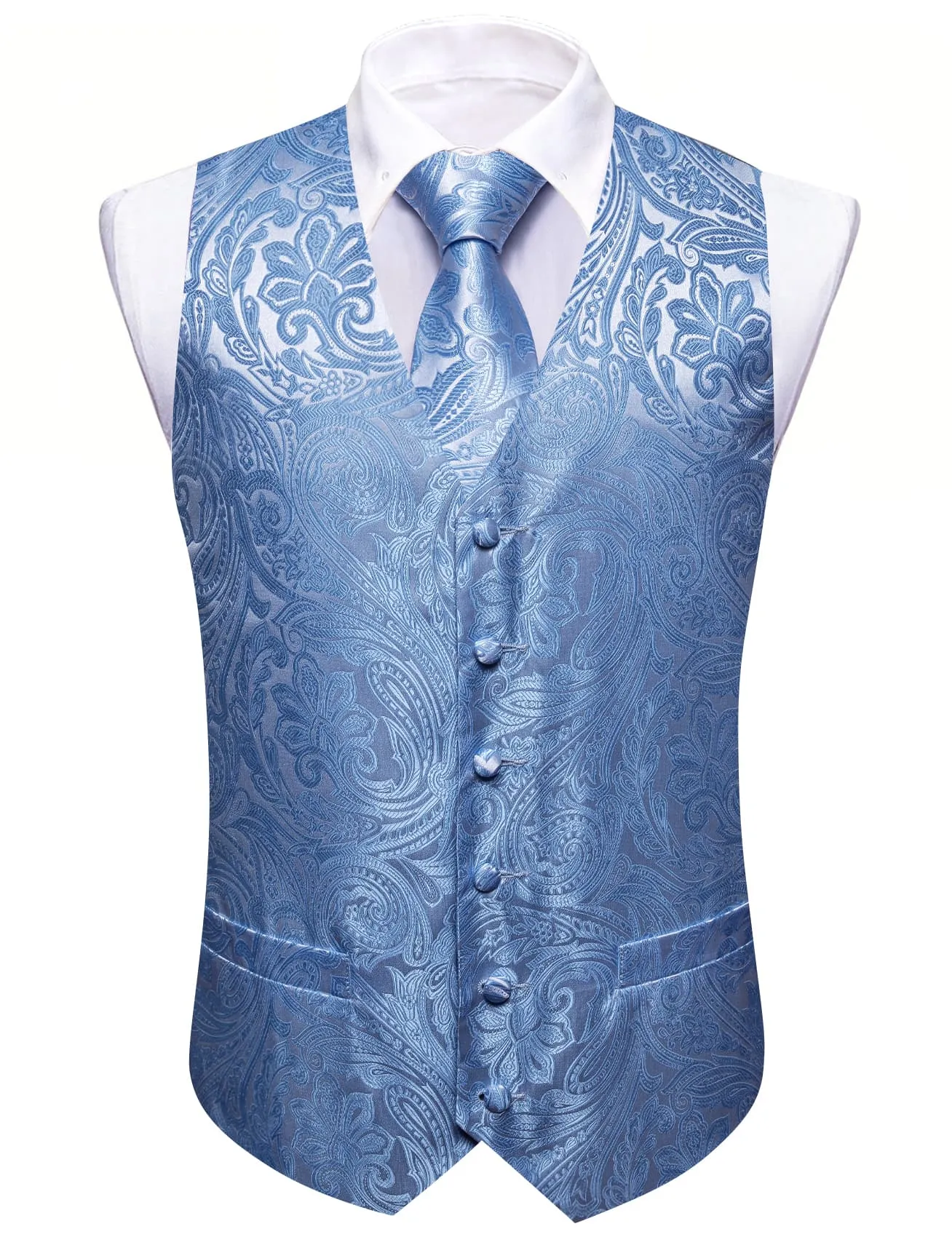 Ties2you Vest for Men Dark Pastel Blue Floral Silk Button Vest Tie Pocket Square Cufflinks Set